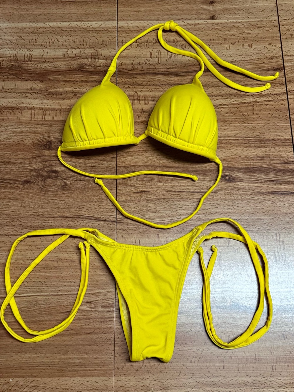 Sunny Yellow Triangle Bikini Set With Ruched Bottom- Women Swim
